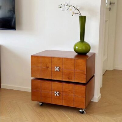 Vintage Rotatable Solid Wood Nightstand with Wheels