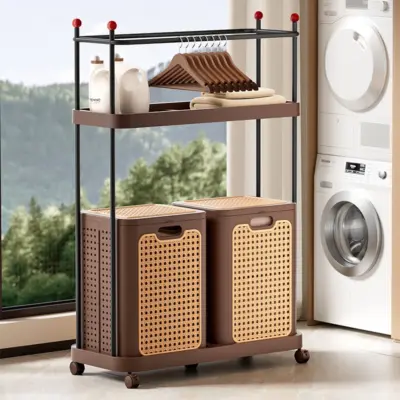 Mid-Century Rolling Laundry Basket & Coat Rack
