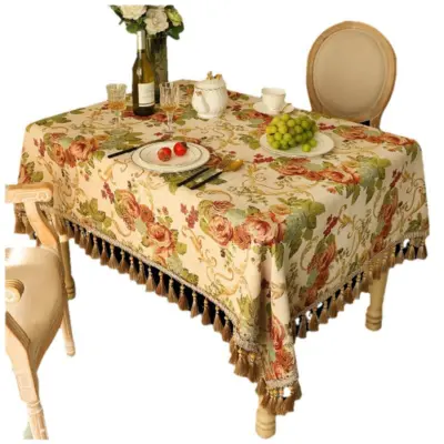 European Vintage Chenille Floral Tassel Tablecloth
