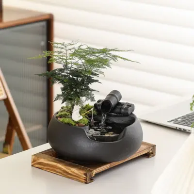 Artisanal Zen Ceramic Water Fountain with Asparagus Fern & Miniature Landscape – Customizable Luxury Indoor Tabletop Decor for High-End Hotels and Modern Offices