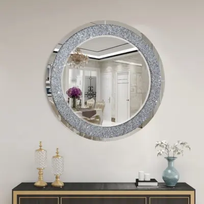 Luxurious Custom Round Wall Mirror with Crushed Diamond Inlay for High-End Hotels and Modern Home Decor – Available in 60cm (24″), 80cm (32″), 90cm (36″)