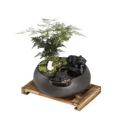 Artisanal Zen Ceramic Water Fountain with Asparagus Fern & Miniature Landscape – Customizable Luxury Indoor Tabletop Decor for High-End Hotels and Modern Offices