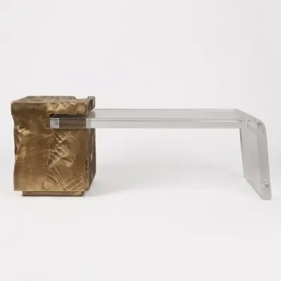 Luxury Modern Minimalist Transparent Resin Tea Table with Sculptural Bronze-Tone Base for High-End Hospitality, Boutique Hotel Lobbies, and Premium Commercial Lounges