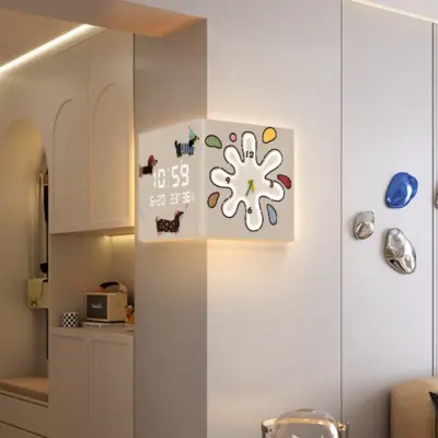 Whimsical Splatter Corner Wall Clock: Customizable Dual-Sided LED Timepiece for Luxury Hotels & Kids’ Suites
