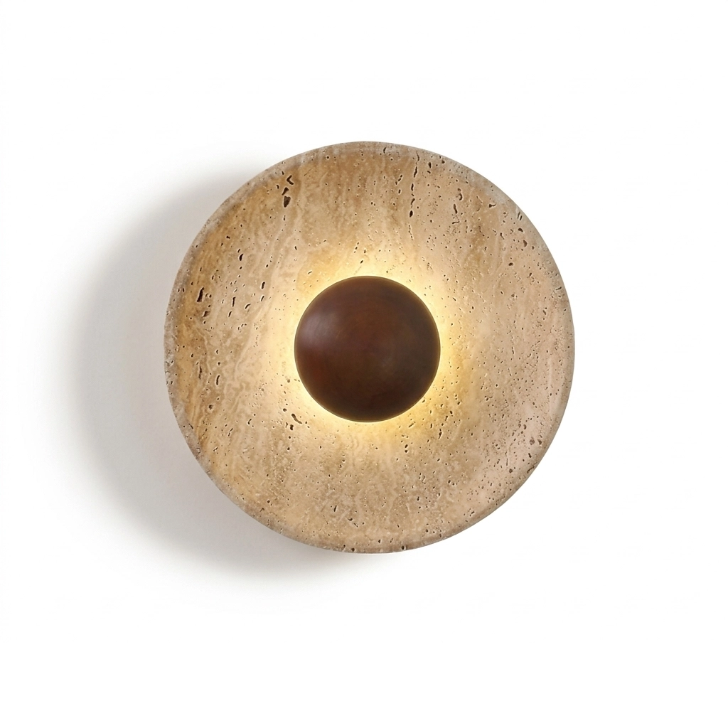 Customizable luxury circular wall sconce made of yellow travertine stone and wood with warm LED backlight for hotel interiors.