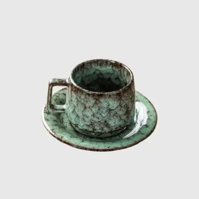 Premium Ice Crackle Green Ceramic Coffee Cup and Saucer Set – Customizable Luxury Hospitality Tableware