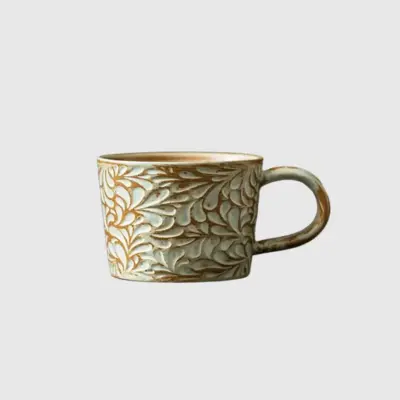 Premium Embossed Leaf White Ceramic Coffee Cup and Saucer Set – Customizable Luxury Hospitality Tableware