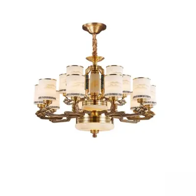 Bespoke Brass Jade Chandelier – Grand 15-Light Oriental Luminaire for Luxury Hospitality