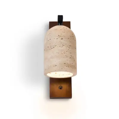 Customizable Travertine and Solid Wood Wall Sconce – Luxury Natural Stone LED Luminaire with Black Walnut and Raw Wood Accents for High-End Hospitality and Boutique Interiors