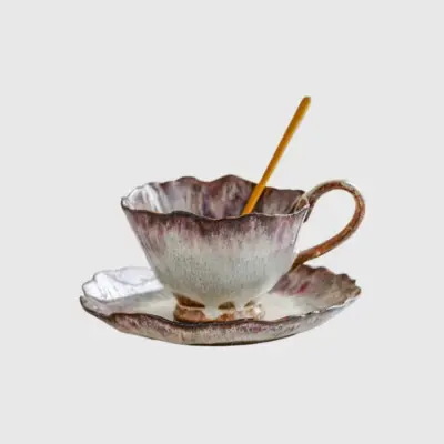 Premium Retro Woven Yellow Ceramic Coffee Cup and Saucer Set – Customizable Luxury Hospitality Tableware