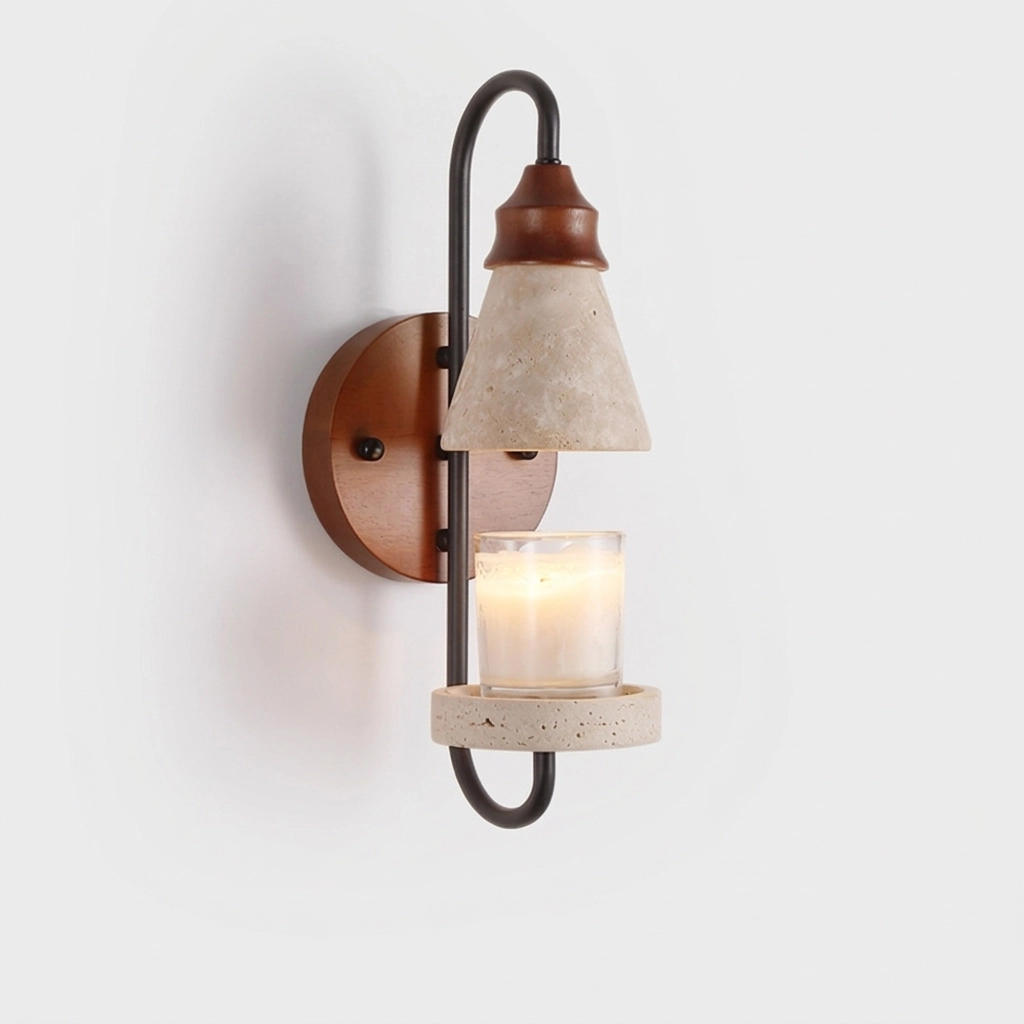 Customizable luxury vertical wall sconce made of yellow travertine stone and solid wood with warm LED light for hotel lobbies.