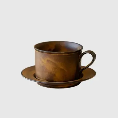 Premium Artisan Brown Ceramic Coffee Cup and Saucer Set – Customizable Luxury Hospitality Tableware