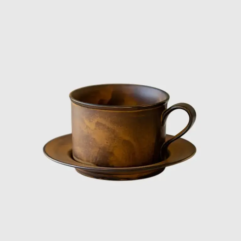 Premium Artisan Brown Ceramic Coffee Cup and Saucer Set – Customizable Luxury Hospitality Tableware