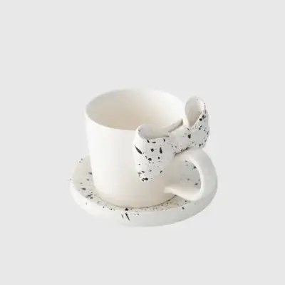 Premium Creative Bow Ribbon White Ceramic Coffee Cup and Saucer Set – Customizable Luxury Hospitality Tableware