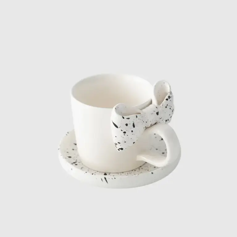 Premium Creative Bow Ribbon White Ceramic Coffee Cup and Saucer Set – Customizable Luxury Hospitality Tableware