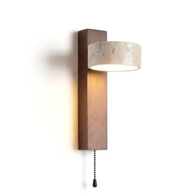 Customizable Alabaster Geometric Wall Sconce – Natural Stone Architectural Luminaire with Black Walnut and Raw Wood Accents for Luxury Hospitality and Boutique Interiors