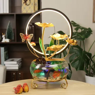 Artisanal Golden Ginkgo Zen Iron Water Fountain – Customizable Luxury Tabletop Waterfall with Glass Fish Tank for Five-Star Hotels and Spas