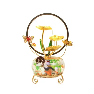 Artisanal Golden Ginkgo Zen Iron Water Fountain – Customizable Luxury Tabletop Waterfall with Glass Fish Tank for Five-Star Hotels and Spas