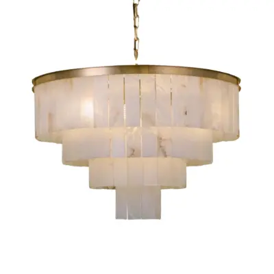 Spanish Alabaster Tiered Chandelier – Luxury Copper and Natural Stone Luminaire for High-End Hospitality & Service Industry