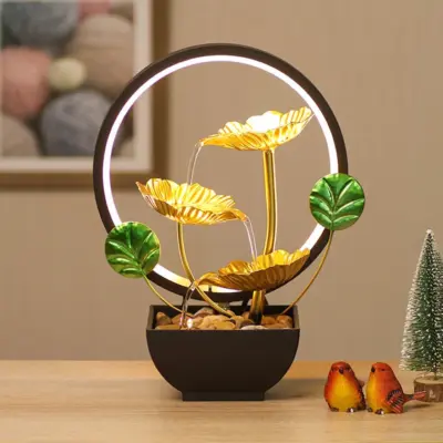 Artisanal Golden Ginkgo Leaf Zen Metal Water Fountain – Customizable Luxury Tabletop Waterfall for High-End Hotels and Executive Lounges