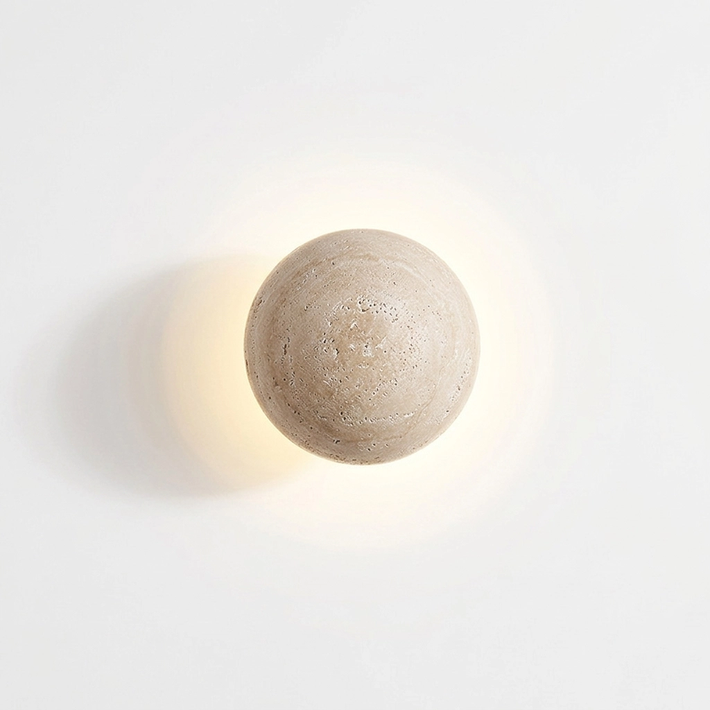 Customizable luxury semi-sphere wall sconce made of natural alabaster stone with warm LED light for hotel interiors.