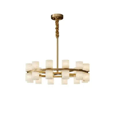 Luxury Alabaster Chandelier – Handcrafted Pure Copper & Natural Stone Ring Luminaire for High-End Hospitality