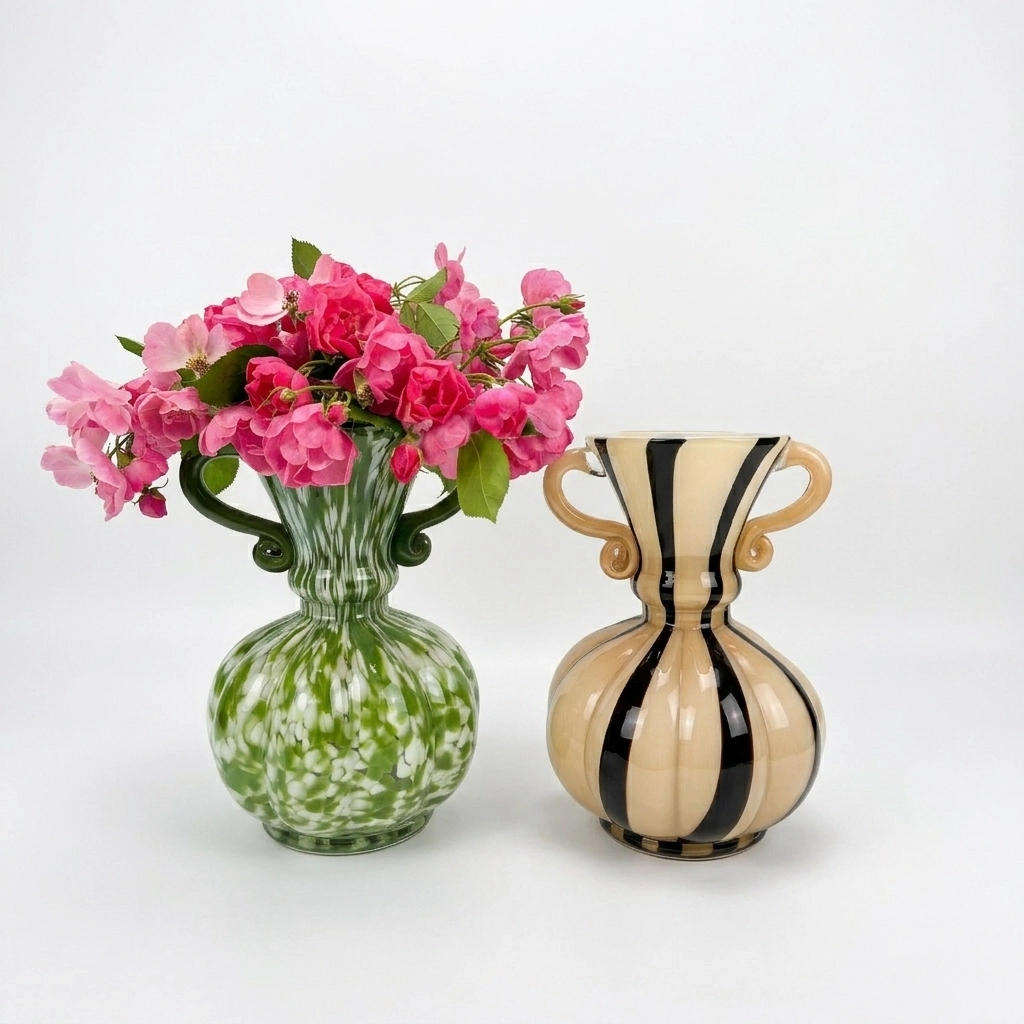 Handcrafted multicolored Liuli glass vase with vibrant blue and amber swirls for luxury hotel decor.