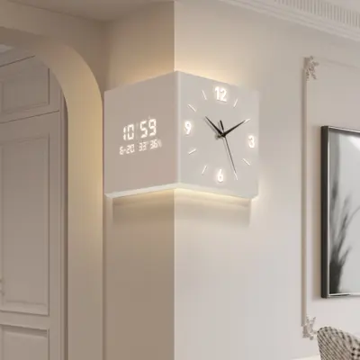 Modern Dual-Sided Corner Wall Clock: Customizable LED Digital Display for Luxury Hotels
