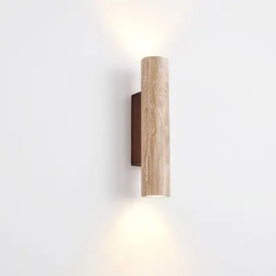 Customizable Travertine LED Wall Sconce Solid Wood Base for Luxury Hotel Corridor