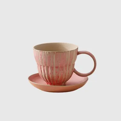 Premium Textured Pink Ceramic Coffee Cup and Saucer Set – Customizable Luxury Hospitality and High-End Home Decor Tableware