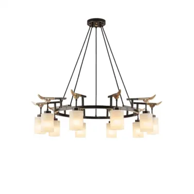 Oriental Brass Chandelier – Handcrafted Black Gold & Natural Alabaster Statement Luminaire for High-End Hospitality & Luxury Interiors