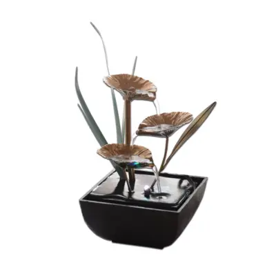 Artisanal Golden Ginkgo Iron Zen Water Fountain – Customizable Luxury Botanical Tabletop Decor for Five-Star Hotels and Spas