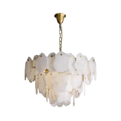 Gold Alabaster Tiered Chandelier – Handcrafted Natural Stone and Copper Statement Luminaire for High-End Hospitality and Commercial Interiors