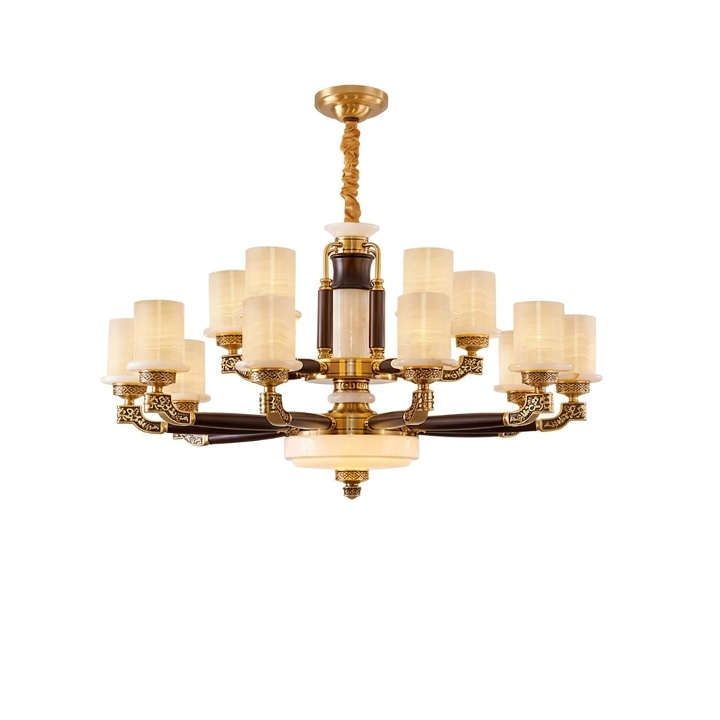Customizable luxury tiered chandelier with solid brass frame, ebony wood arms, and 15 natural jade stone shades.
