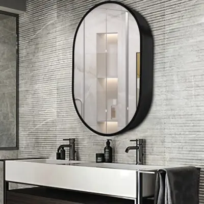 Modern Oval LED Mirror Cabinet with Defogger and 3-Color Lighting – Customizable 80x50cm (32″x20″) Solid Wood Bathroom Storage