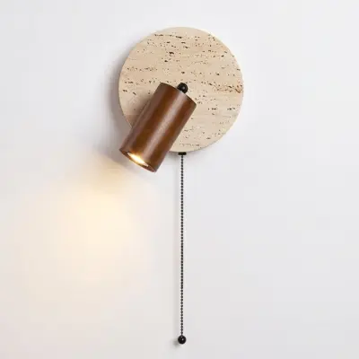 Customizable Travertine and Solid Wood Rotatable Wall Sconce – Artisanal Natural Stone LED Accent Lamp with Pull Chain for Luxury Hospitality and High-End Interior Decor
