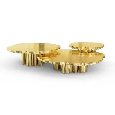 Luxury Modern Minimalist Stainless Steel Nesting Coffee Table with Sculptural Vacuum-Plated Brass Finish for Boutique Hotels, Executive Lounges, and Upscale Commercial Interiors