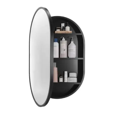 Modern Oval LED Mirror Cabinet with Defogger and 3-Color Lighting – Customizable 80x50cm (32″x20″) Solid Wood Bathroom Storage