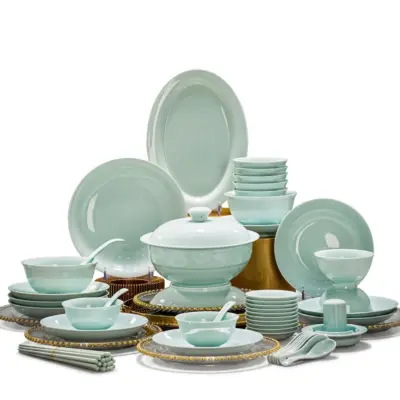 Luxury Customizable Celadon Green Ceramic Dinnerware Set – 58 Piece Premium Hotel Grade Porcelain Tableware