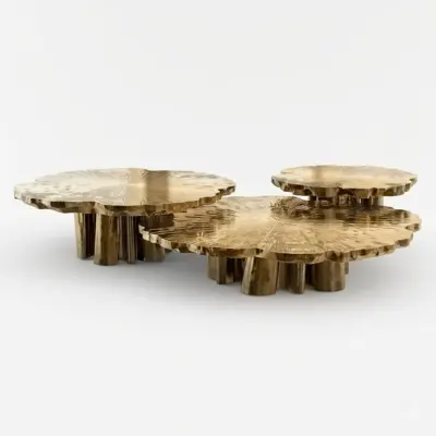 Luxury Modern Minimalist Stainless Steel Nesting Coffee Table with Sculptural Vacuum-Plated Brass Finish for Boutique Hotels, Executive Lounges, and Upscale Commercial Interiors