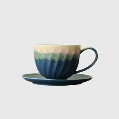 Premium Fluted Blue Ceramic Coffee Cup and Saucer Set – Customizable Luxury Hospitality and High-End Home Decor Tableware