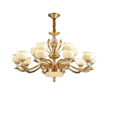Customizable Brass Jade Luxury Chandelier – 15-Light Grand Natural Stone and Solid Brass Luminaire for High-End Hospitality and International Service Industry Decoration