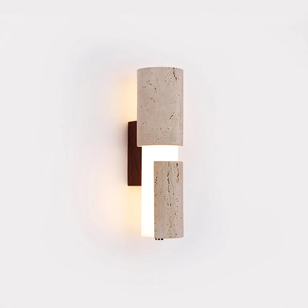 Customizable luxury cylinder wall sconce made of yellow travertine stone with 3-color adjustable LED for hotel corridors.