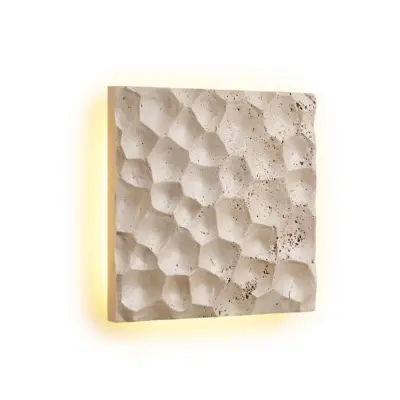 Customizable Travertine Textured Square Wall Sconce – Natural Stone Honeycomb Relief Luminaire with Warm LED for Luxury Hospitality and High-End Commercial Interior Decor