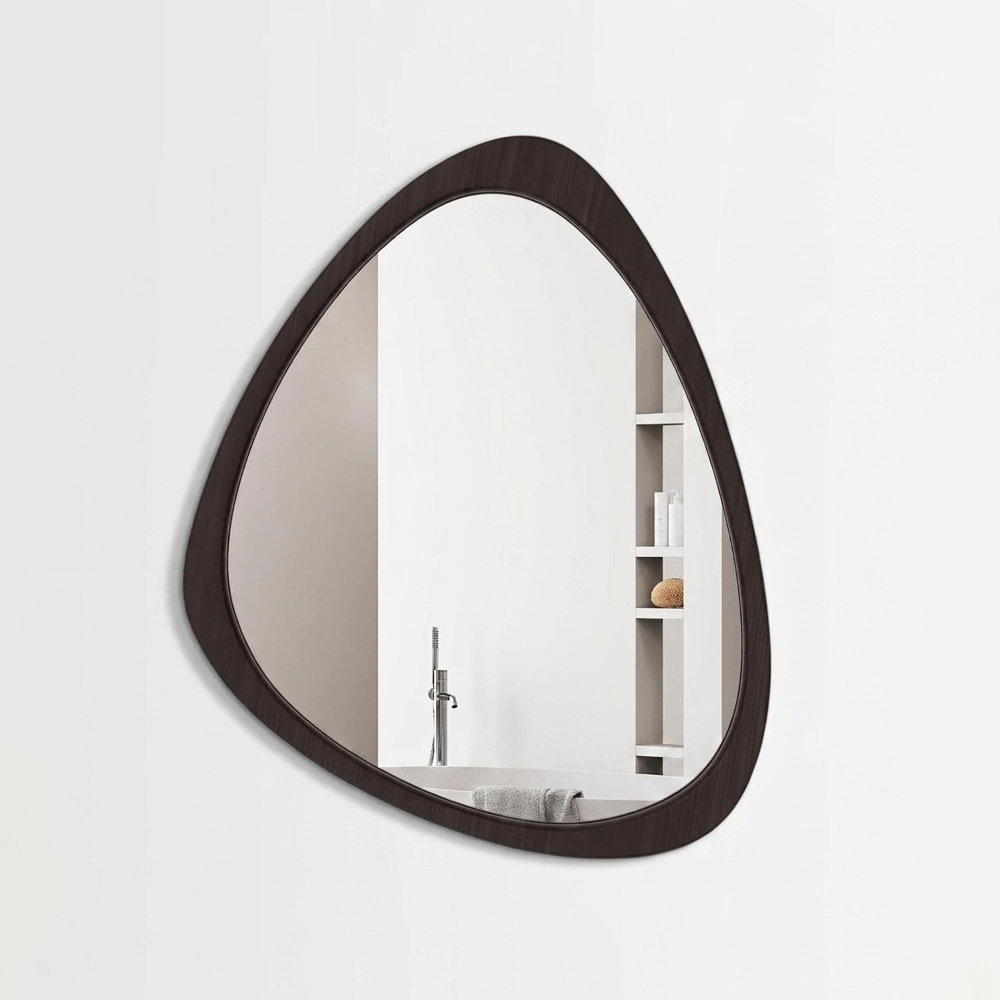Asymmetric Organic Solid Wood Wall Mirror in natural finish for a modern bathroom.