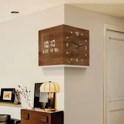 Minimalist Walnut Wood Corner Wall Clock: Customizable LED Digital & Analog Display for High-End Hotels