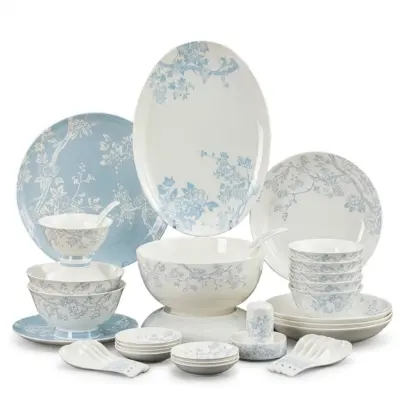 Luxury Customizable Blue and White Porcelain Dinnerware Set for International Hotels – 42 Piece Professional Ceramic Tableware