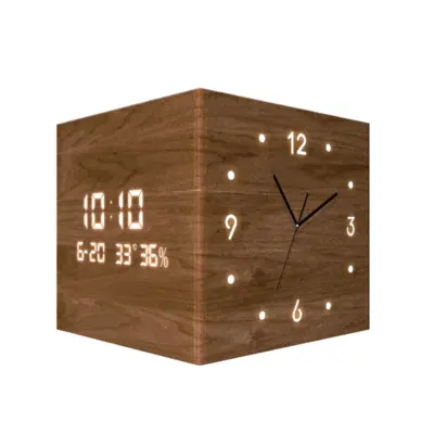 Minimalist Walnut Wood Corner Wall Clock: Customizable LED Digital & Analog Display for High-End Hotels