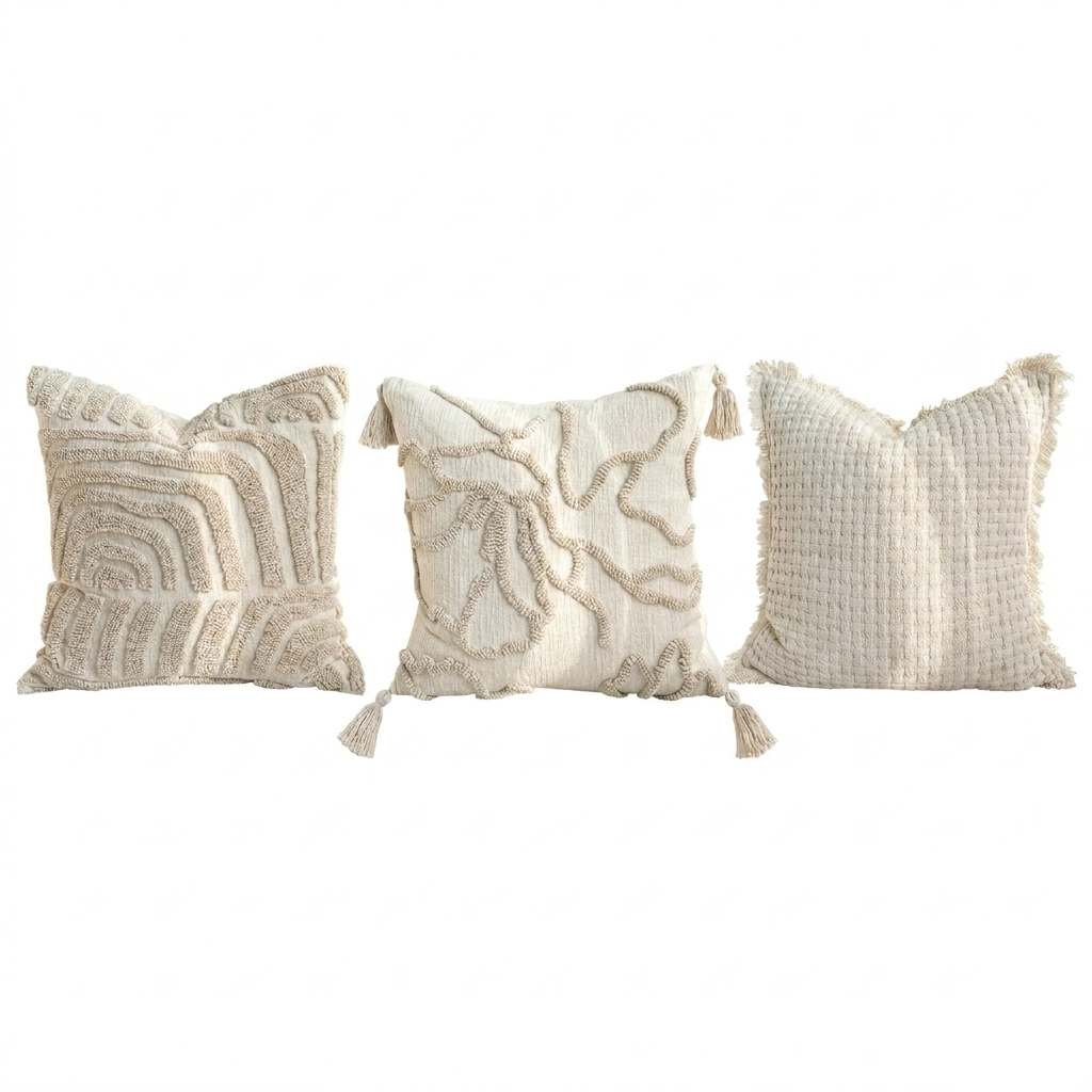Bespoke White Artisan Throw Pillow collection featuring geometric relief, tufted patterns, and cotton piqué textures with tassels.