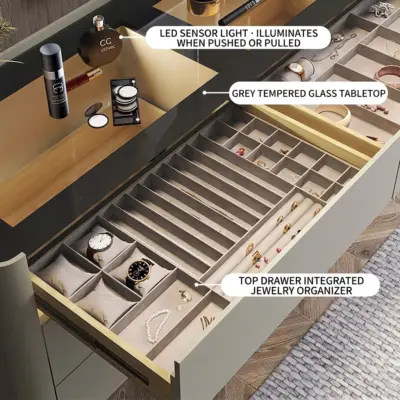 Luxury Modern 6-Drawer Grey Dresser with LED Sensor Lighting and Jewelry Organizer for High-End Hospitality – Customizable Designer Chest